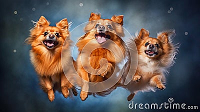 Playful Pomeranian Trio Catching Airborne Treats in Vibrant Isolation. Generative AI Stock Photo