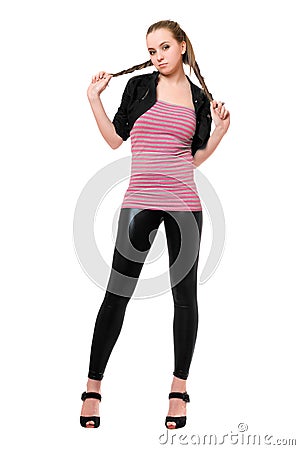 Playful pretty young woman in black leggings Stock Photo