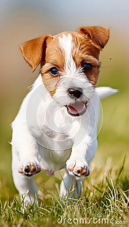 Playful puppy enjoying a romp on lush green grass field, adorable pet running outdoors Stock Photo