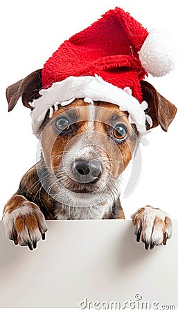 Playful puppy in red christmas hat peeking mischievously from behind an empty banner Stock Photo