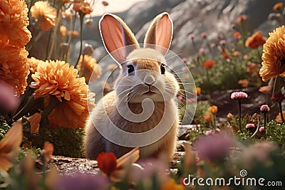 Playful rabbit exploring a blooming garden in Stock Photo