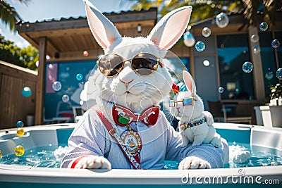 A Playful Rabbit in Sunglasses Relaxing in a Hot Tub with Bubbles Stock Photo