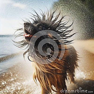 Dog shakes off the water after a play in the water Stock Photo