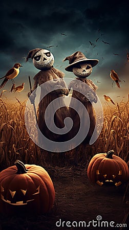 A playful scene of pumpkin-headed scarecrows standing guard in a moonlit cornfield. HD halloween Stock Photo