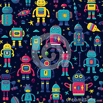 Futuristic Robots and Spaceships in Vivid Colors Seamless Pattern Stock Photo