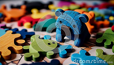 A playful still life depicting a homemade multi colored jigsaw puzzle generated by AI Stock Photo