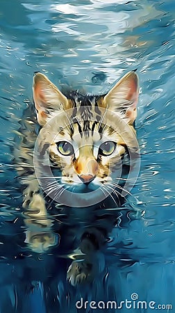 A Playful Tabby Cat Swimming in the Water . Stock Photo