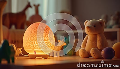 Playful teddy bear figurine illuminates family Christmas celebration indoors generated by AI Stock Photo