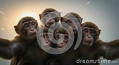 a playful troop of monkeys capturing a group selfie during golden hour - generated using ai Stock Photo