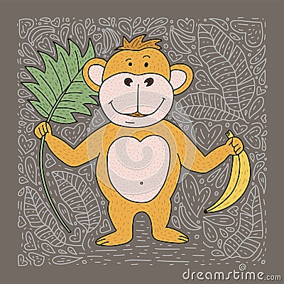 Playful vector card with doodle hand drawn a monkey, bananas and palm leaves. Vector Illustration