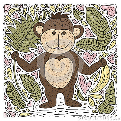 Playful vector card with doodle hand drawn a monkey, bananas and palm leaves. Vector Illustration