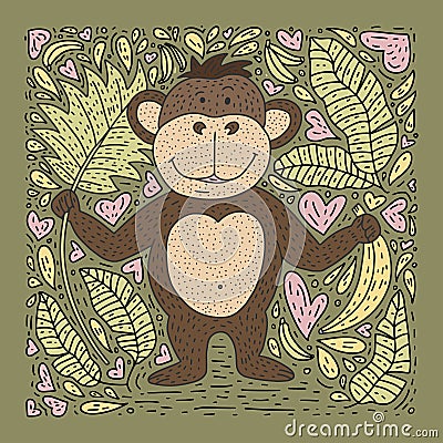 Playful vector card with doodle hand drawn a monkey, bananas and palm leaves. Vector Illustration