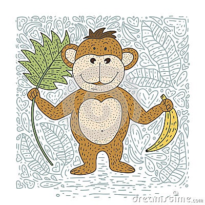 Playful vector card with doodle hand drawn a monkey, bananas and palm leaves. Vector Illustration