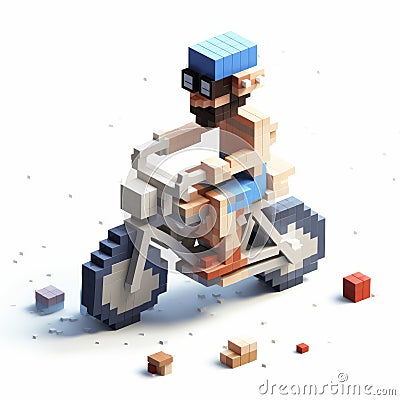 Voxel Art Illustration: Man Cycling Through Cubes Stock Photo