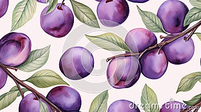 Playful Watercolor Plum Illustration On Branch With Spectacular Backdrops Cartoon Illustration