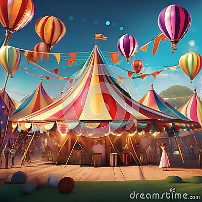 Playful and whimsical circus scene with acrobats and colorful tents Vibrant and lively illustration for entertainment or event p Cartoon Illustration