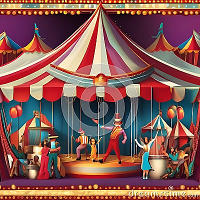 Playful and whimsical circus scene with acrobats and colorful tents Vibrant and lively illustration for entertainment or event p Cartoon Illustration