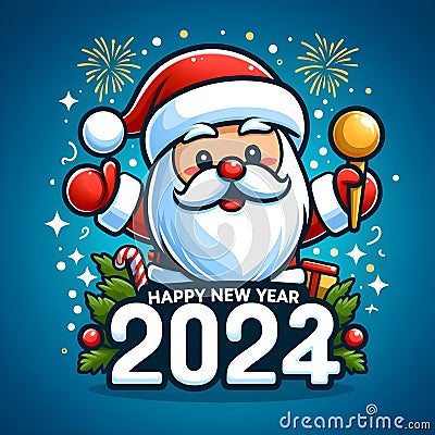 playful and whimsical Santa Claus mascot celebrate happy new years 2024. Stock Photo