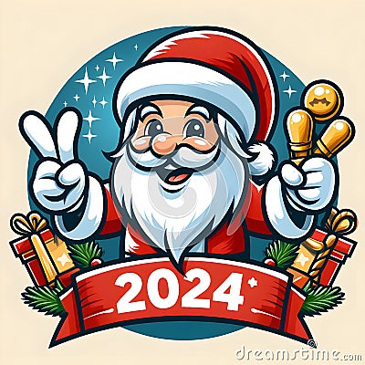 A playful and whimsical Santa Claus mascot celebrate happy new years 2024. Stock Photo