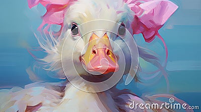 Playful White Duck With Pink Bow: Speedpainting Inspired By Zbrush And Helga Ancher Stock Photo