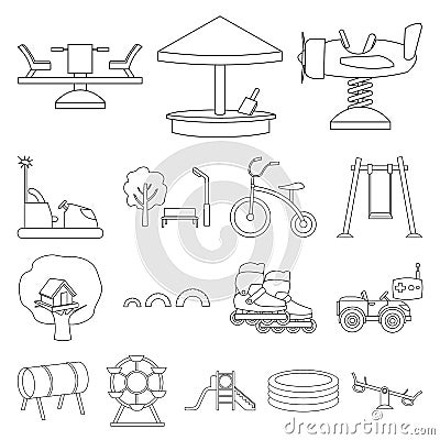 Playground, entertainment outline icons in set collection for design. Attraction and equipment vector symbol stock web Vector Illustration