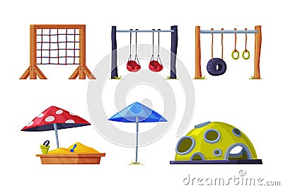Playground Equipment with Ladder, Sandpit, Umbrella and Hanging Swing Vector Set Stock Photo