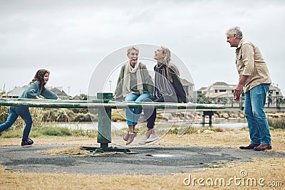 Playground, family and happy people in a nature play park with a mom, child and grandparents. Mother with children Stock Photo