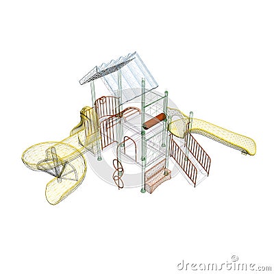 Playground frame from colored lines on a white background. Children playground with slides and ladders. Isometric view Vector Illustration