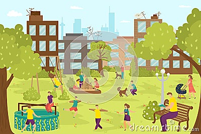 Playground for fun childhood at outdoor park, cute cartoon girl boy people vector illustration. Young happy kids play at Vector Illustration