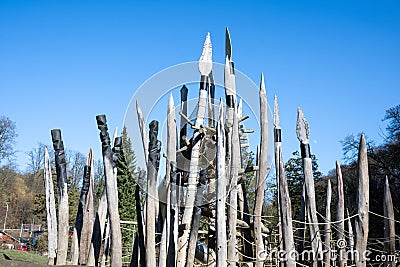 Spears on stone age playground of Neanderthal Museum, Mettmann, Germany. Museum for the prehistory and early history of mankind. Stock Photo