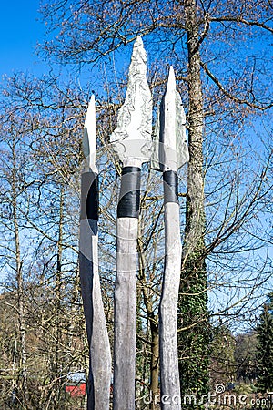 Spears on stone age playground of Neanderthal Museum, Mettmann, Germany. Museum for the prehistory and early history of mankind. Stock Photo