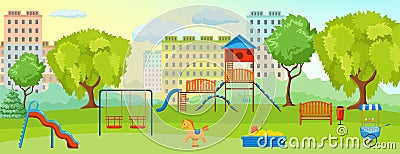 Playground at the park composition with empty playground with swings toys and green spaces Vector Illustration