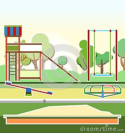 Playground in the park. Swings, slides and carousels. Flat cartoon style illustration. A place for children to play Vector Illustration