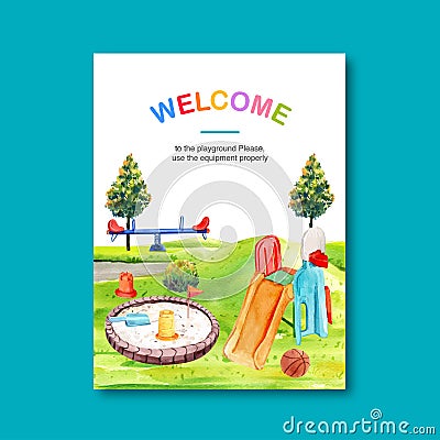 Playground poster design with sandpit, slide, seesaw watercolor illustration Cartoon Illustration