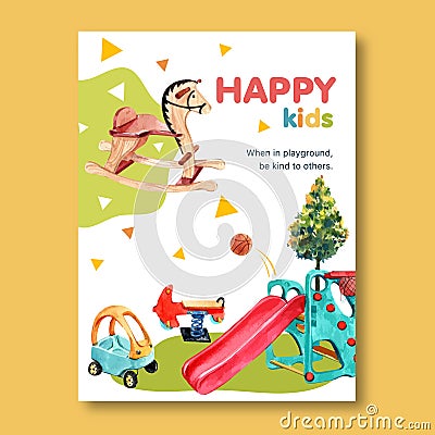 Playground poster design with springy, rocking horse, slide watercolor illustration Cartoon Illustration