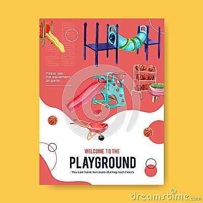 Playground poster design with tunnel, basketballs, slide watercolor illustration Cartoon Illustration