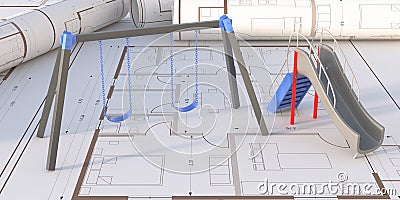 Playground slider and swing set on blueprints, computer keyboard and screen background. Kids recreation project construction Cartoon Illustration