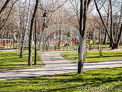 Playground in a spring public park in the sun Stock Photo