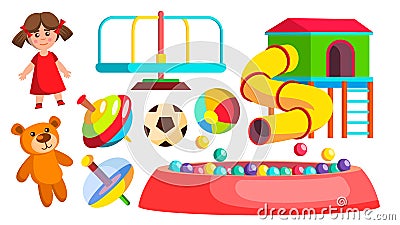 Playground Toys Vector. Doll, Ball, Bear, Carousel, Attraction. Isolated Flat Cartoon Illustration Vector Illustration