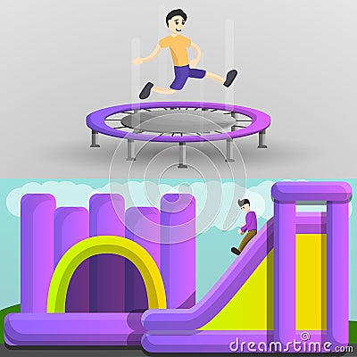 Playground trampoline banner set, cartoon style Vector Illustration