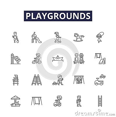 Playgrounds line vector icons and signs. playground, play, swings, slides, sandbox, games, equipment, fun outline vector Vector Illustration