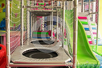 Playgrounds Maze With Slides, Trampolines, Climbers Stock Photo