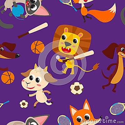 Playing animals with games tools isolated on violet Vector Illustration