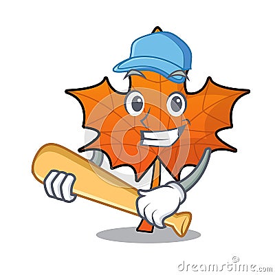 Playing baseball red maple leaf character cartoon Vector Illustration