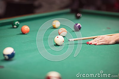 Playing billiard - Close-up shot billiard balls on green table Stock Photo