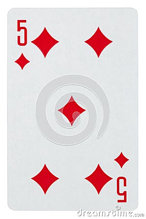 Playing card five of diamonds isolated on white Stock Photo