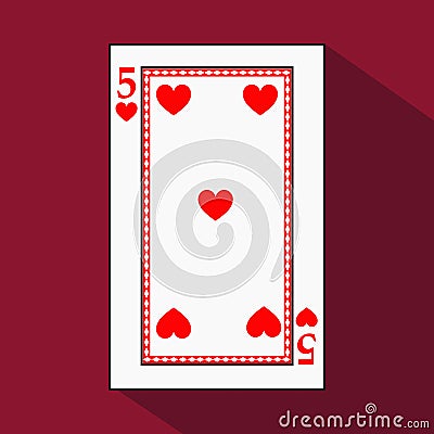 Playing card. the icon picture is easy. HEART FOUR 5 with white a basis substrate. illustration on red background. applicat Cartoon Illustration