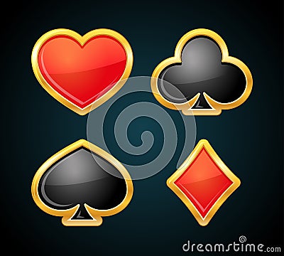 Playing card suit with gold border. Casino icons. Poker symbols Vector Illustration