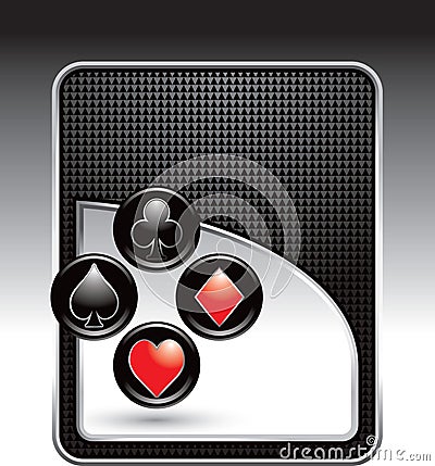 Playing card suits on black checkered backdrop Vector Illustration