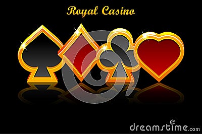 Playing Card Symbols and reflection objects on black background. Vector Suit of playing cards. Vector illustration Vector Illustration
